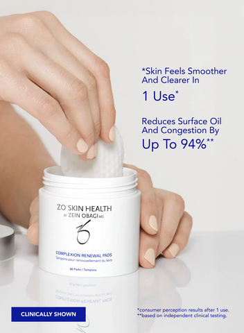 ZO Skin Health Complexion Renewal Pads with hands holding a pad and jar on a light background