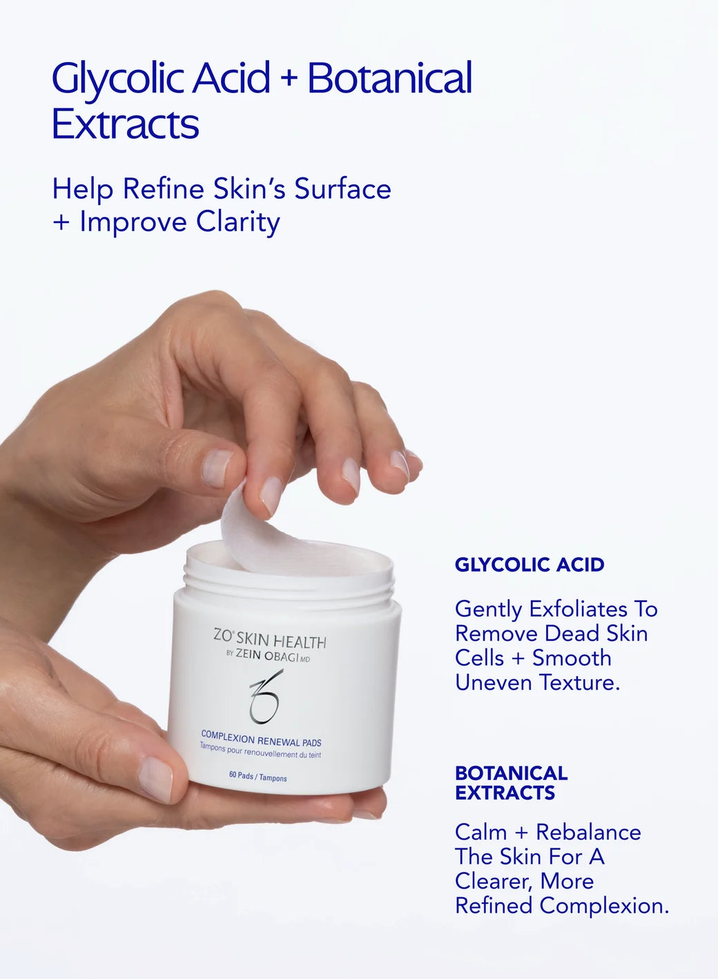 Hand holding a jar of ZO Complexion Renewal Pads with text about glycolic acid and botanical extracts on a white background.