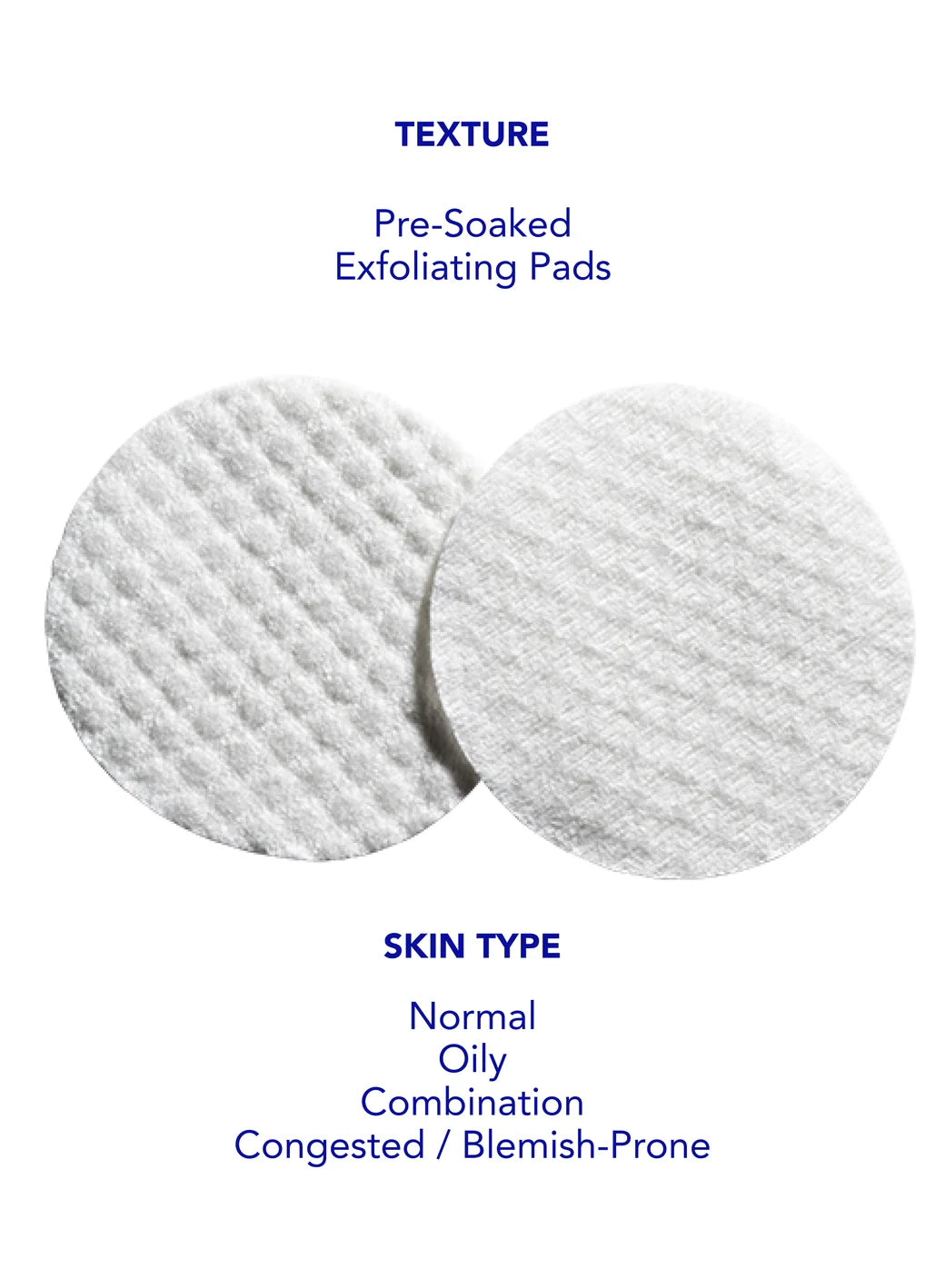 Two pre-soaked ZO Complexion Renewal Pads on a white background with text indicating texture and skin type compatibility.