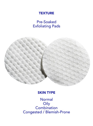 Two pre-soaked ZO Complexion Renewal Pads on a white background with text indicating texture and skin type compatibility.