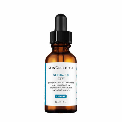 A bottle of SkinCeuticals Serum 10 AOX+ with a dropper, designed for dispensing the serum.